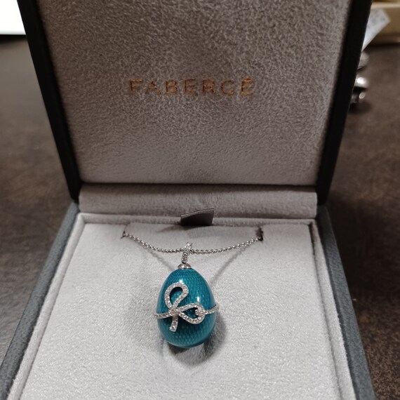 Rare Faberge 18K White Gold 208FP1078 Teal Green Emaux Sophie Guilloche Enamel Wrapped in a Diamond Ribbon Egg Pendant & Necklace