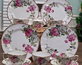 Charming Vintage MCM Royal Albert Bone China England Evening Rhapsody Plates Tea Cups & Saucers Creamer Open Sugar Bowl with Pink/Gray Roses