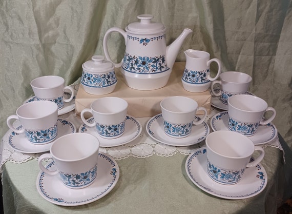 Noritake Progression Blue Moon 9022 Jacobean Patterned 21 Piece Tea coffee Set Tea coffee Pot 8 Cups Saucers Sugar Bowl and Creamer Etsy