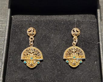Vintage Estate 18k Yellow Gold Turquoise Peruvian Inca Carved Alpaca Llama Tumi Inti Naymlap Deity Face Drop Clutch Butterfly Back Earrings