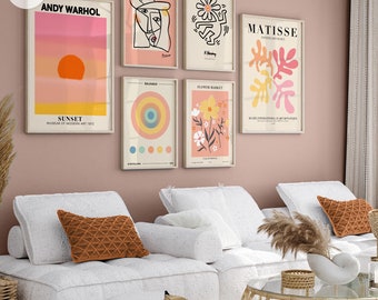 Gallery Wall Set of 6 Digital Prints. Matisse Print, Flower Market, Picasso Poster, Keith Haring, Andy Warhol. Bauhaus Pastel Pink Printable