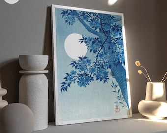 Ohara Koson Japanese Digital Print. Blossoming Cherry Moonlit Night, Japanese Wall Art in Blue. Vintage Japanese Digital Printable Download