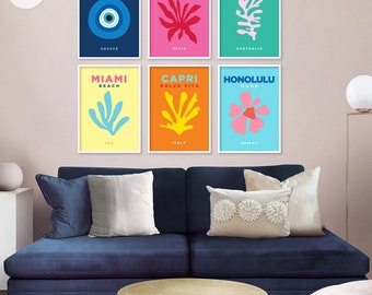 Set of 6 Travel Posters. Mykonos Miami Ibiza Bondi Colorful Travel Digital Prints. Famous Places. Printable Maximalist Gallery Wall Decor