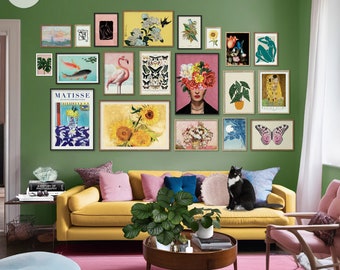 Maximalist Gallery Wall Art Set of 20. Eclectic Decor Pink Yellow Colourful Art. Van Gogh, Matisse, Frida, Gustav, Hokusai. Digital Download