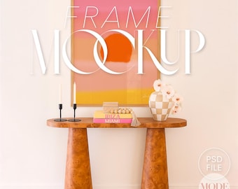 Burl Wood Console Frame Mockup, Natural Wood Frame Poster Mockup, PSD Smart Object, Wall Art Mockup Scene with Light Shadows