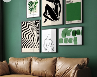 Modern Gallery Wall Set of 6. Green Black Beige Printable Abstract Posters. Matisse Yayoi Kusama Gallery Digital Art Print Bundle. Emerald.