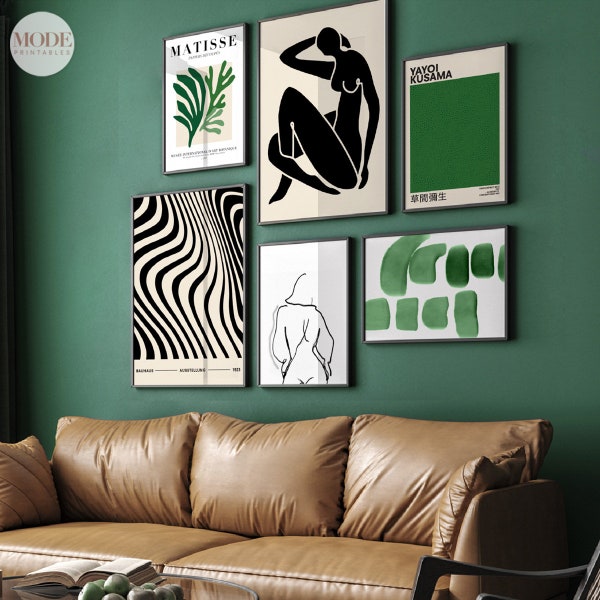 Modern Gallery Wall Set of 6. Green Black Beige Printable Abstract Posters. Matisse Yayoi Kusama Gallery Digital Art Print Bundle. Emerald.