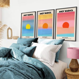 Andy Warhol Set di 3 poster della mostra Sunset. Set di stampe Pop Art Gallery Wall, 3 poster digitali, Andy Warhol Wall Art, arredamento per stanze Preppy