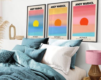 Andy Warhol Set of 3 Sunset Exhibition Posters. Pop Art Prints Gallery Wall Set, 3 Digital Posters, Andy Warhol Wall Art, Preppy Room Decor
