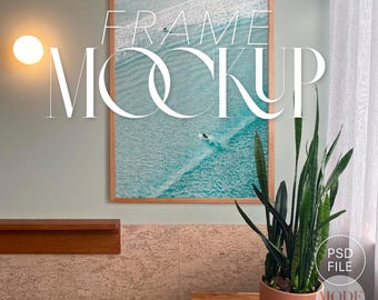 Natural Wood Frame Mockup DIN A Sizes, Poster Mockup PSD, Sage Green Wall Scene with Snake Plant, Wall Art Display Mockup