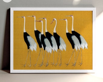 Japanese Red Crown Cranes by Ogata Korin Digital Poster. Yellow Japanese Flock of Cranes Illustration. Digital Download Japanese Wall Art