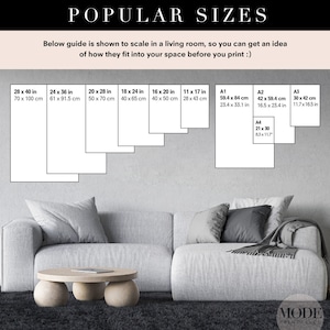 May include: A guide to popular print sizes shown to scale in a living room. The guide shows different sizes of prints, ranging from 11 x 17 inches to 28 x 40 inches, with corresponding measurements in centimeters. The guide also includes standard paper sizes, such as A1, A2, A3, and A4, with their dimensions in inches and centimeters.