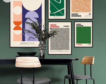 Eclectic Maximalist Yayoi Bauhaus Gallery Prints. Set of 5. Emerald Green Purple Orange. Modern Art Gallery. Digital Download Wall Art