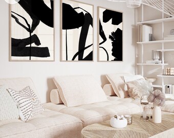 Black Abstract Art Print. Black & White Abstract Printable Art. Set of 3 Gallery Wall Minimal Prints. Modern Prints Black Abstract Ink