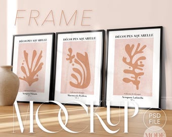 Set of 3 Frames Mockup, Black Poster Frames on Wooden Floor, DIN A PSD Wall Art Mockup with Light Shadows