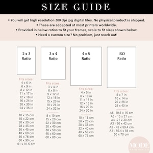 May include: A size guide for digital printable art prints. The guide shows different aspect ratios, including 2x3, 3x4, 4x5, and ISO. It lists the corresponding sizes in inches and centimeters.