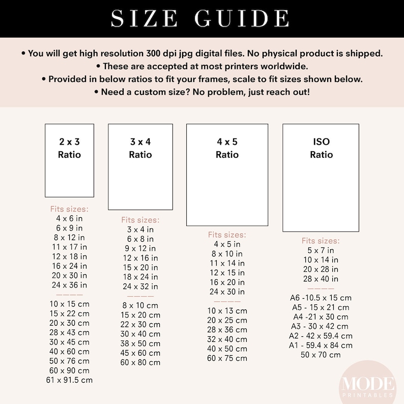 May include: A size guide for digital printable art prints. The guide shows different aspect ratios, including 2x3, 3x4, 4x5, and ISO. It lists the corresponding sizes in inches and centimeters.