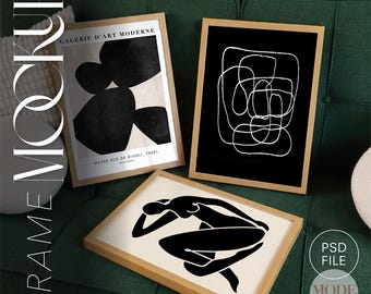 Green Sofa Triple Frame Mockup, 3 Frame Poster Mockup Scene, Gallery Wall Art Display PSD Smart Object