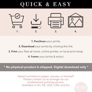 May include: A digital download guide with four icons representing the steps to purchase, download, print, and frame digital prints. The text reads "Quick & Easy" and "No physical product is shipped. Digital download only."  The text also reads "Need it printed on paper, canvas, or framed? Please contact us to arrange via our professional printing service. Available in AU, NZ, USA, CAN, and EU."