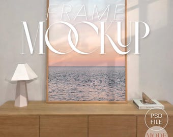 Natural Wood Frame Mockup DIN A Sizes, Poster Mockup PSD, Timber Console Interior Scene, Modern Wall Art Display Mockup