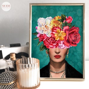 Frida Khalo Portrait Poster. Frida Flowers Digital Print. Eclectic Maximalist Home Decor. Floral Feminist Wall Art. Green Teal Digital Print