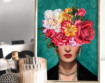 Frida Khalo Portrait Poster. Frida Flowers Digital Print. Eclectic Maximalist Home Decor. Floral Feminist Wall Art. Green Teal Digital Print