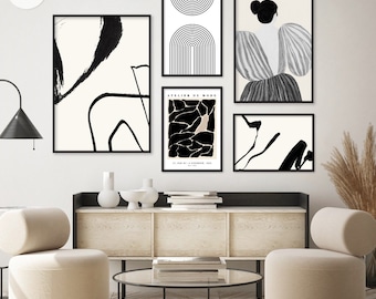 Lagom & Abstract Minimal Gallery Wall Digital Prints, Set of 5. Nordic Aesthetic Modern Curves Printable Posters. Eclectic Gallery Wall Art