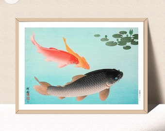 Japanese Wall Art Print, Goldfish Print by Ohara Koson. Digital Download Print. Common and Golden Carp, Printable Digital Download
