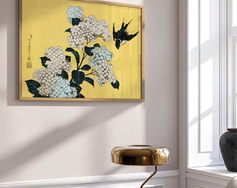 Hokusai Japanese Digital Print. Yellow Woodblock Vintage Art. Japanese Digital Poster. Hydrangea Flowers & Swallow Printable.
