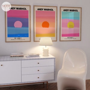 Andy Warhol Set di 3 stampe. Andy Warhol Sunset, Gallery Wall Set Stampe pop art, Arte digitale in 3 pezzi, Poster di Andy Warhol, Decorazione artistica preppy