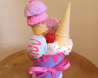 Ice cream decor/Centerpiece, ice cream party accents, Gift for ice cream lover/Mom/Coworker, fake ice cream arrangement