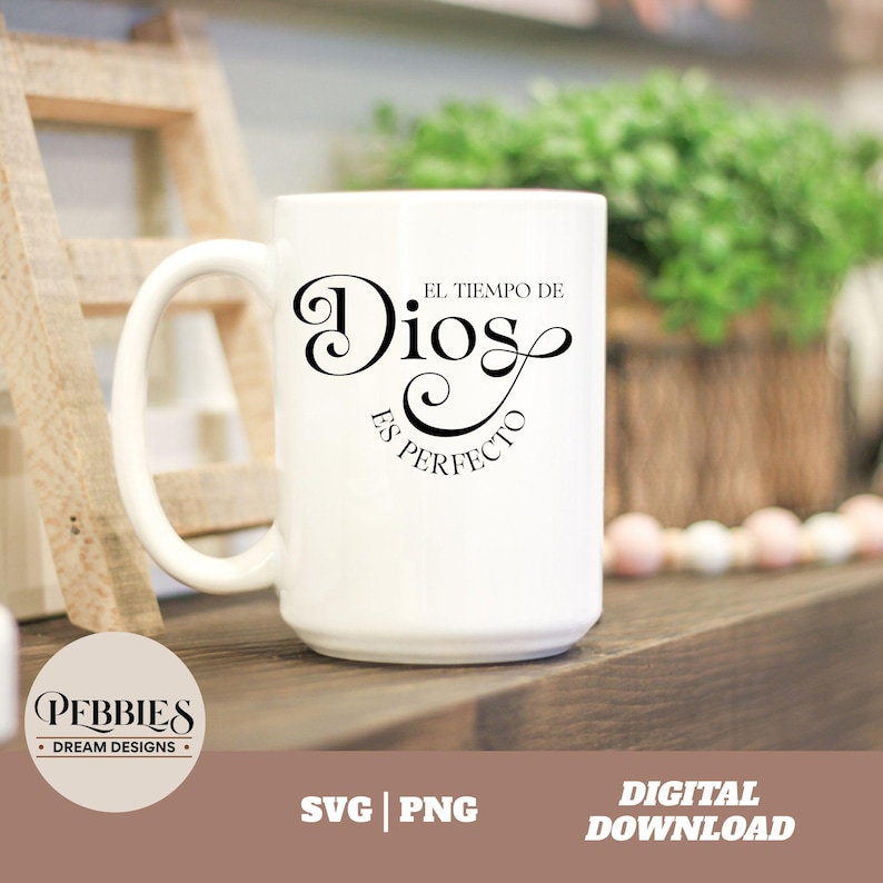May include: White ceramic coffee mug with a black design that reads "El Tiempo de Dios es Perfecto".
