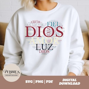 Christian Spanish Word Art Heart Svg, Dios SVG, Frases Cristiana Svg, Frases Religiosa Español SVG, Frases Biblica Svg, Frase Cristiana PNG