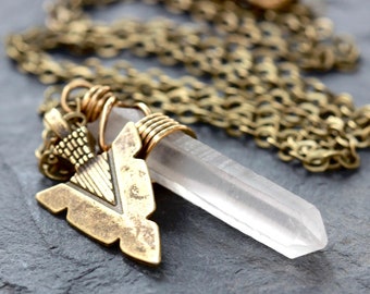 Raw Crystal Necklace Arrowhead Necklace Long Layering Necklace Brass Wire Wrapped Crystal Point Necklace Arrowhead Boho Crystal Necklace