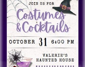 Invitación de Halloween: Disfraces y cócteles: Sombrero de bruja y telaraña (plantilla Canva de 5x7)