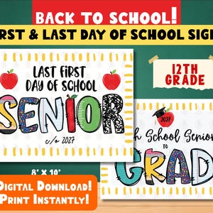 May include: Two rectangular signs with white backgrounds and yellow dashed borders. The first sign reads LAST FIRST DAY OF SCHOOL SENIOR c/o 2027 with red apples. The second sign reads 12TH GRADE High School Senior TO GRAD with a graduation cap.