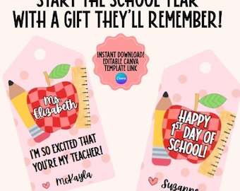 Etiquetas de regalo editables para profesores / Imprimible para el primer día de clases (Plantilla de Canvas)