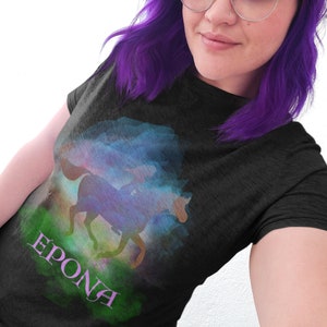 Epona T-Shirt. Horse Goddess Epona Tee. Celtic Roman Goddess T-Shirt. Epona Rides Out In Colored Mist Unisex Jersey Short Sleeve Tee