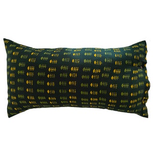 May include: A long, rectangular pillow with a dark green background and a repeating pattern of yellow and green stylized fish.