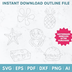 Sponge Minimalist Drawing Outlines SVG Files for Cutting Machines, Embossing, Engraving, Embroidery Pattern | Pineapple, Starfish, Flower