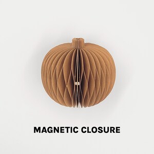 May include: A brown, spherical paper ornament with a textured, honeycomb design. The ornament has a cylindrical top and a magnetic closure. The words "MAGNETIC CLOSURE" are printed in bold, black letters below the ornament.