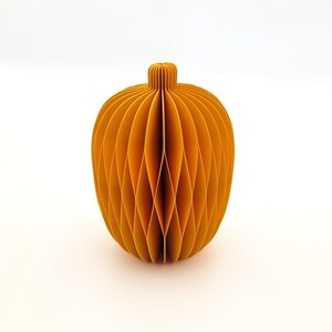 May include: A decorative, orange paper pumpkin with a honeycomb design. The pumpkin has a rounded body and a small, cylindrical stem. The paper is a warm, autumnal orange color, and the design creates a textured, three-dimensional effect.