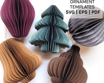 DIY Honeycomb Paper Ornaments, 5 Digital Templates, Bell Ornament, Paper Christmas Tree, Instant Digital Download SVG for Cricut