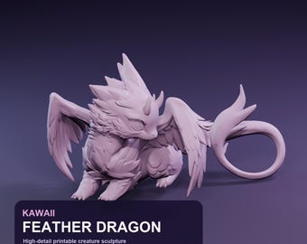 Może przedstawiać: Jasnofioletowy cyfrowy plik STL przedstawiający rzeźbę stworzenia o nazwie Kawaii Feather Dragon. Figurka przedstawia smoka z pierzastymi skrzydłami, długim zakrzywionym ogonem i małymi rogami, zaprojektowaną jako bardzo szczegółowa rzeźba do druku.