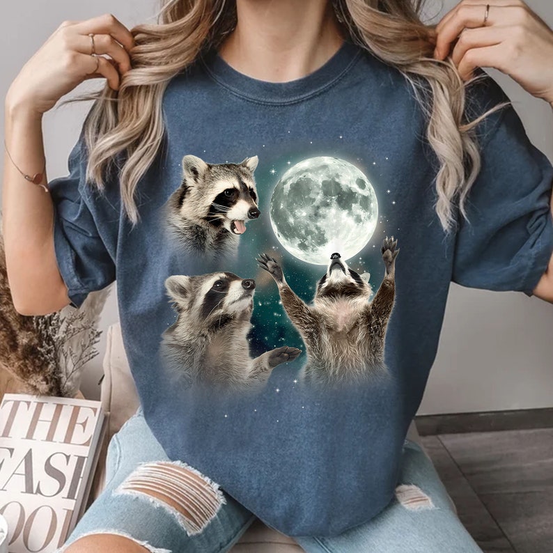 Retro Raccoon howling at the moon shirt, Cute Animals Raccoon Lover, Funny Raccoon With Moon sweatshirt, Racoon Meme Gift image 2