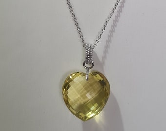 Sterling Silver Faceted Yellowish Green Spinel Heart Pendant with Necklace 17.5"