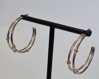 Sterling Silver Double Rows Accented 14 K YG Huggies Earrings 1.5"