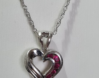 14 K WG Heart Shape with Ruby Pendant and Necklace 17"