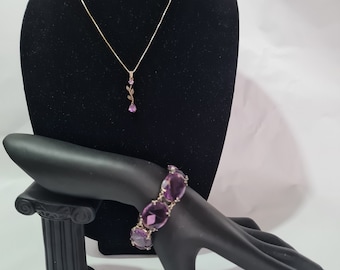 Vintage Sterling Silver Amethyst Glass and Marcasite Bracelet 6" and necklace 17.5" pendant 1.25"