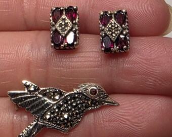 Sterling Marcasite and Garnet Bird Brooch and Rectangle Earrings